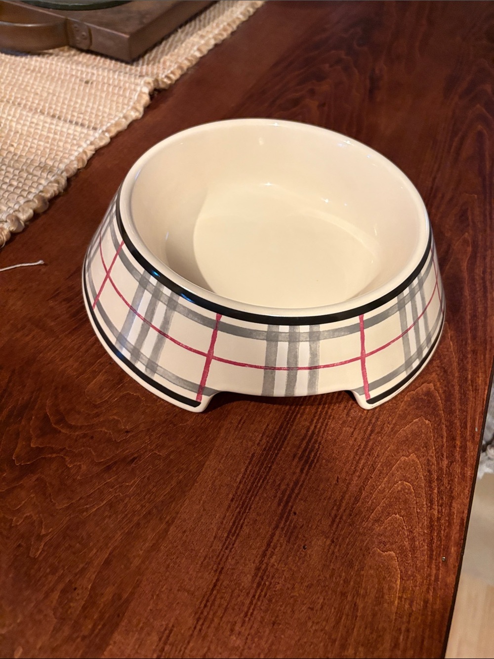 Burberry Ceramic Plaid Pet Bowl in Cream and Gray